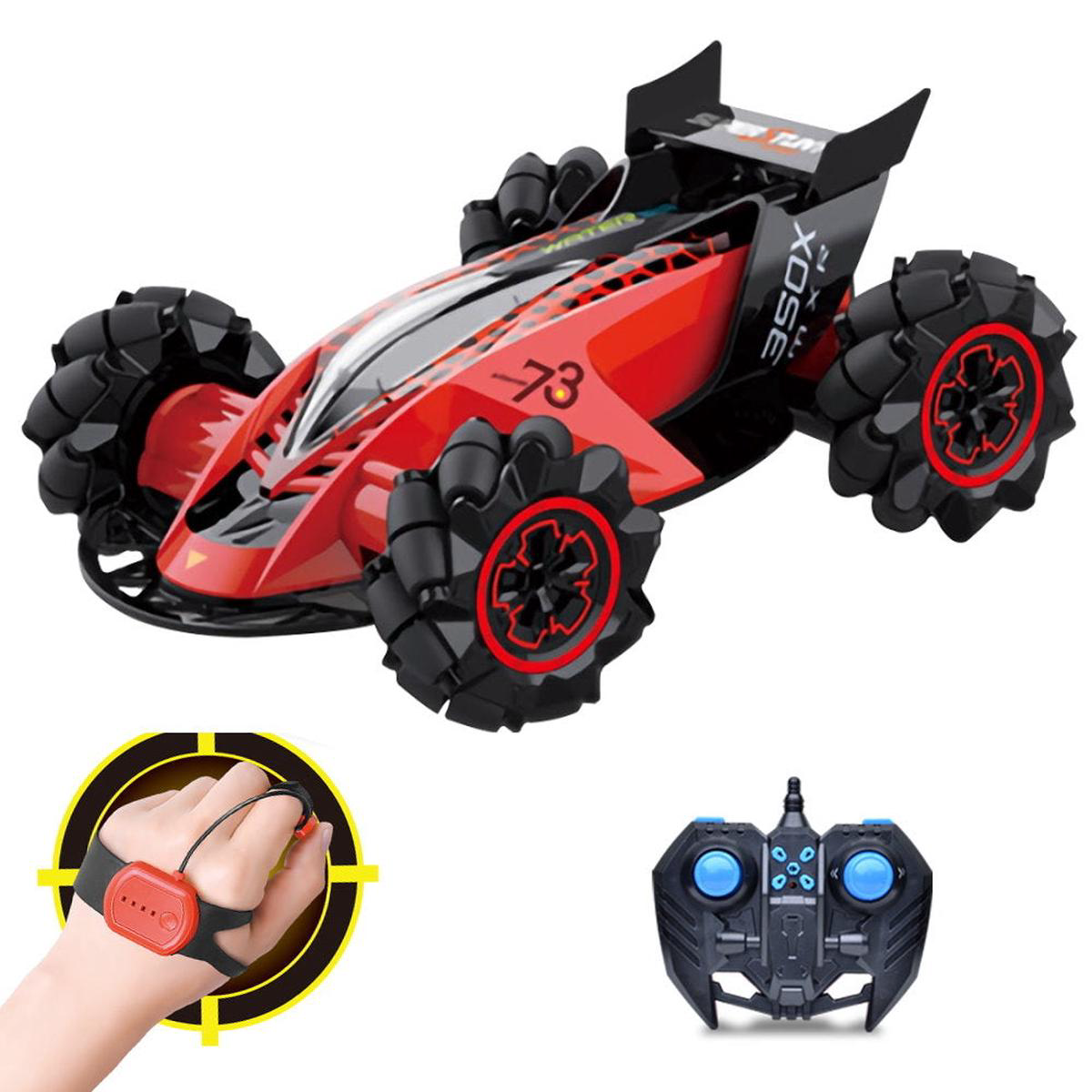 HILLO 24G RC Drift Stunt Car 4WD Multi-Direction LED High Speed Off-Road Vehicle With Tail Glowing Water Vapor Jet 8211 Handle Remote Control And Watch Style Gravity Remote Control Included (Red)