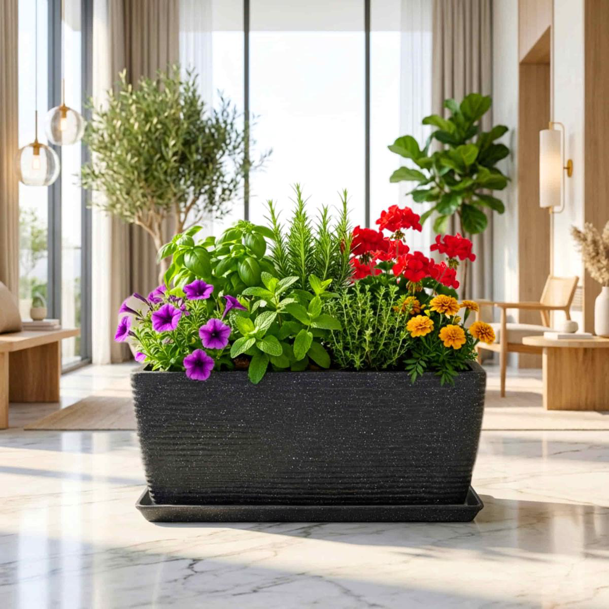 Roto Moulded Recta Planter Pot with Tray Premium Balcony 038 Indoor Garden Planter 8211 Black 18
