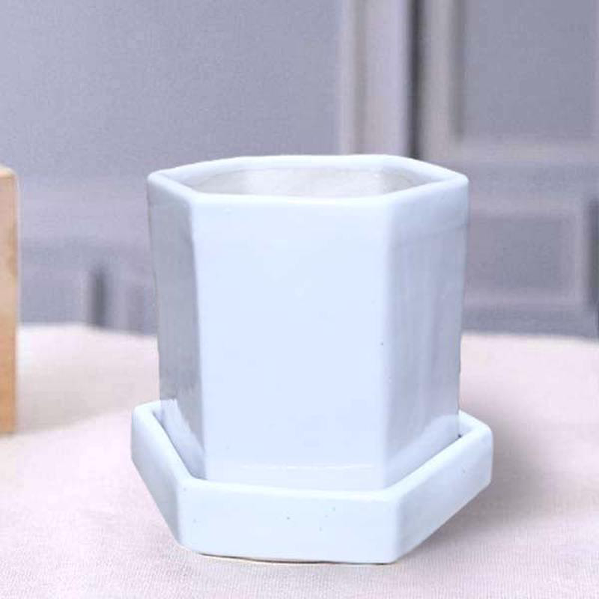 5 inch (12 cm) Hexagon Ceramic Pot with Plate White Set of 5