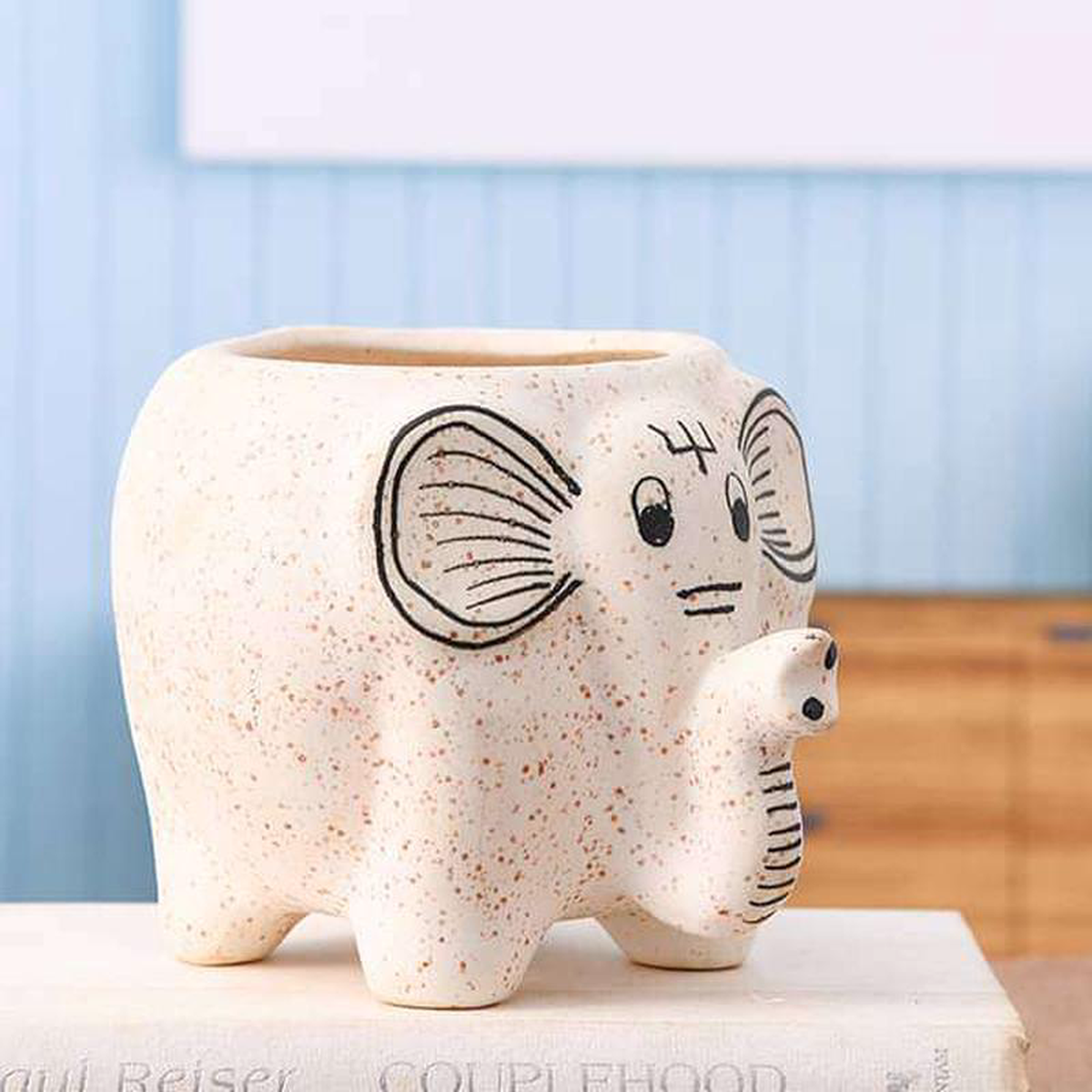 37 inch (9 cm) Elephant Shape Marble Finish Ceramic Pot (White) (set of 2)