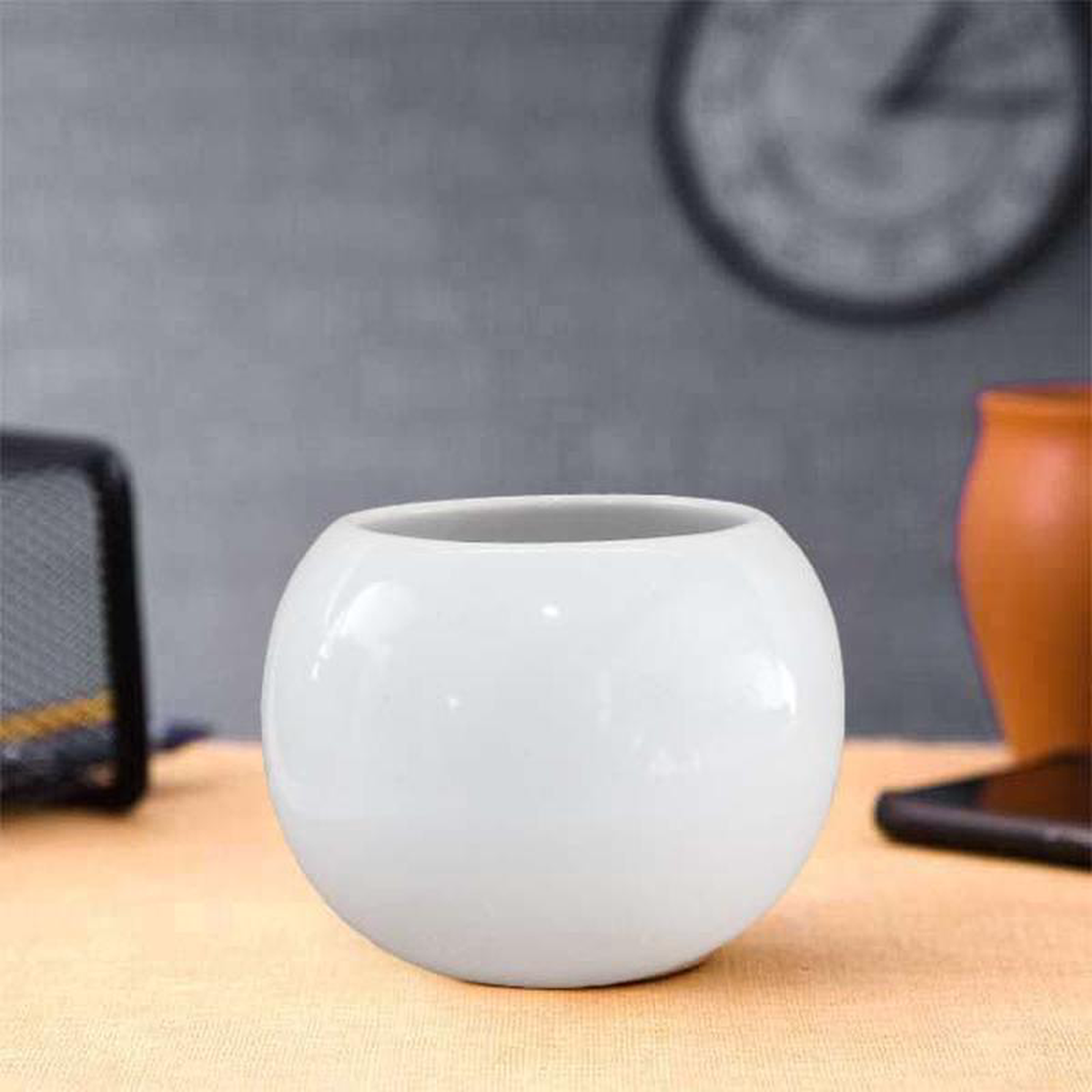 3 inch (7 cm) Round Ball Ceramic Pot White Set of 2