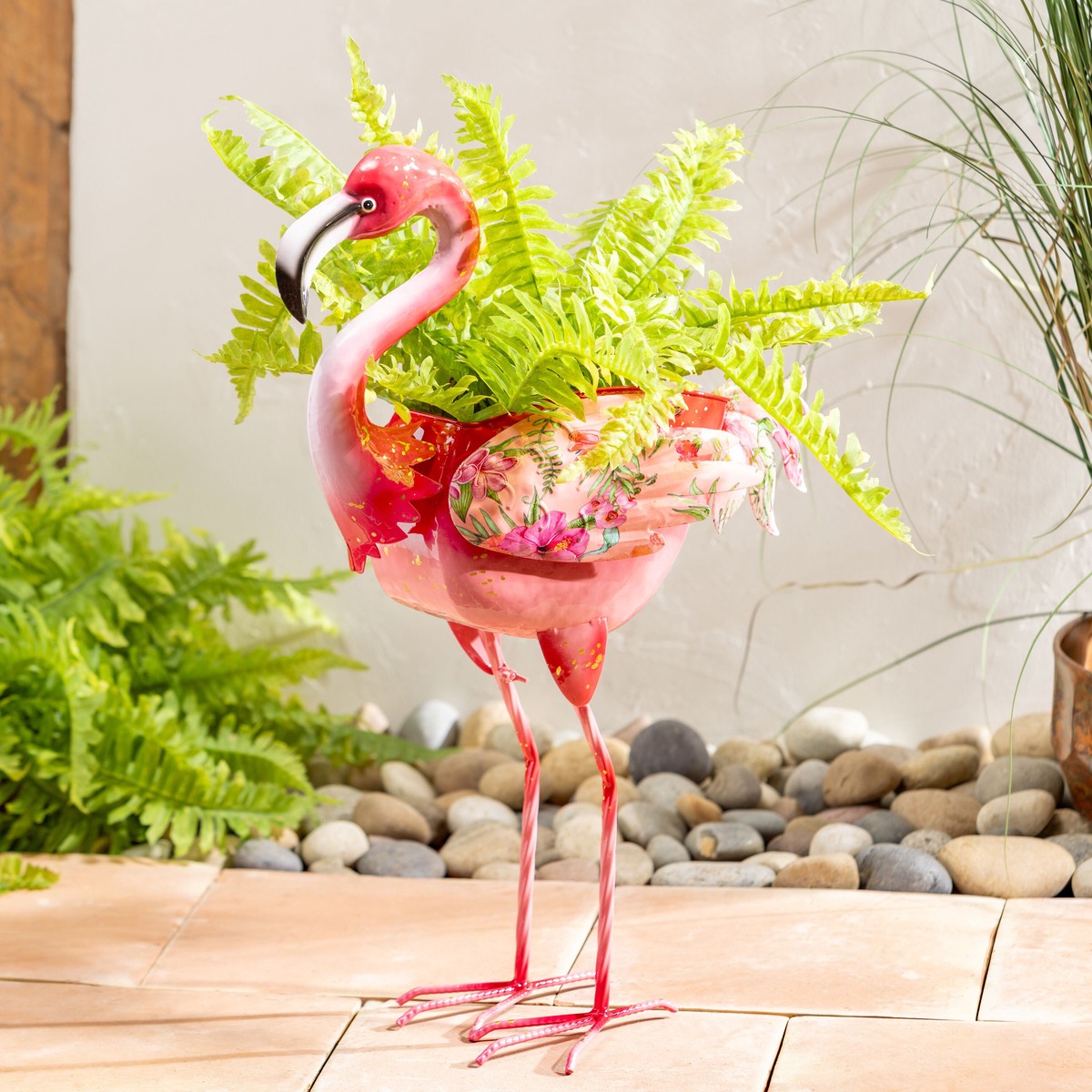 Palm Beach Planter Metal Floral Flamingo 16